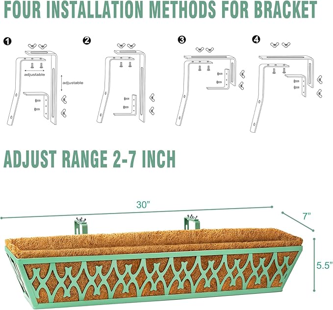 4 Pack 30 Inch Window Boxes Planters Railing Planter Box with Adjustable Brackets for Porch Fence Patio Balcony Hanging Flower Baskets with Coco Liners for Outdoor Garden Decor - Green