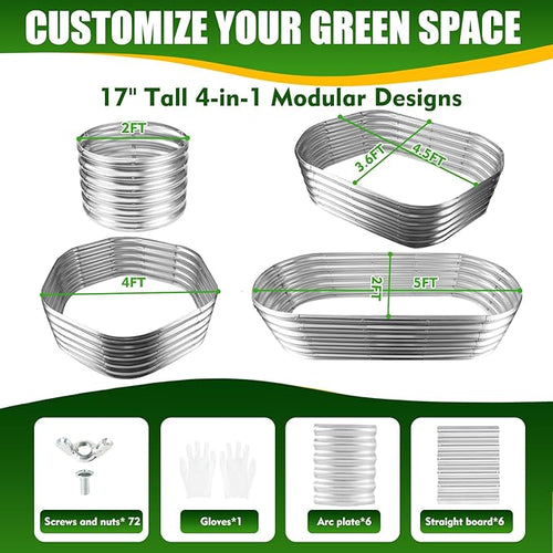 17" Tall Elevated Oval Metal Raised Garden Bed - 5ft x 2ft in Size and 0.8MM Thick Durable Planter Bed/Box for Vegetables Flowers Succulent at Patio/Garden Outdoor (Silver, 5X2X1.4 FT)