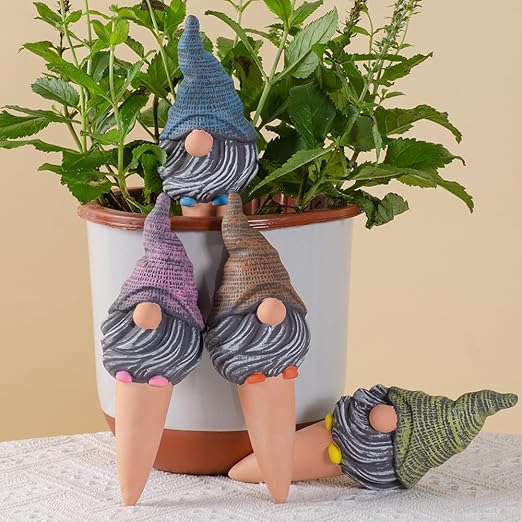 4 Pack Terracotta Watering Spikes, Vacation Self-Watering Planters Devices - Continuous Moisture with Slow Release Watering System - Perfect for Indoor Outdoor Plants (Gnome)