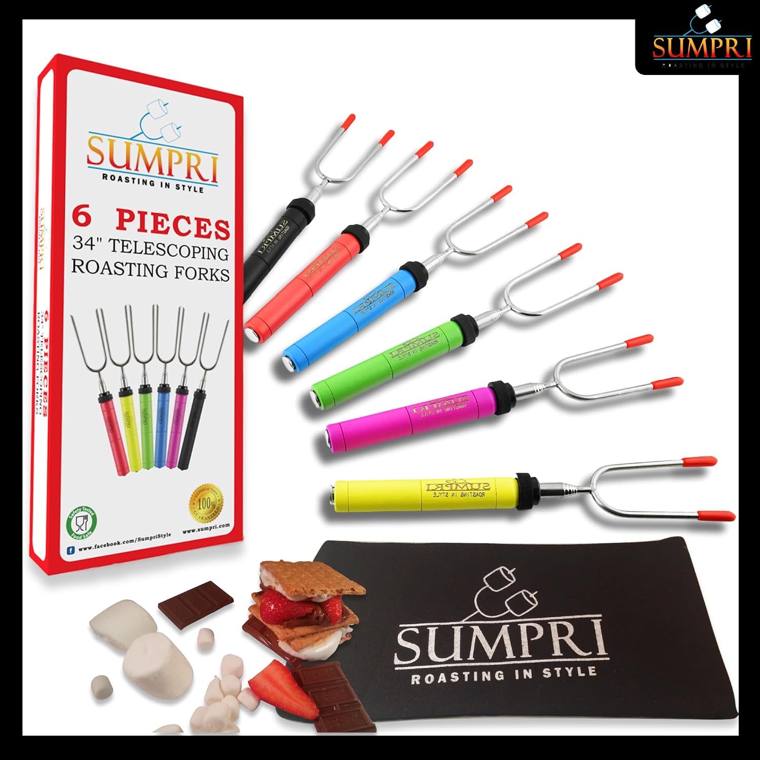Smores Sticks For Fire Pit - Marshmallow Roasting Sticks For Campfire, Rotating Smore Sticks Set of 6 - Safe, Fun Telescoping Multicolored 34 Inch Hot Dog Sticks - SUMPRI Long Camping Skewers