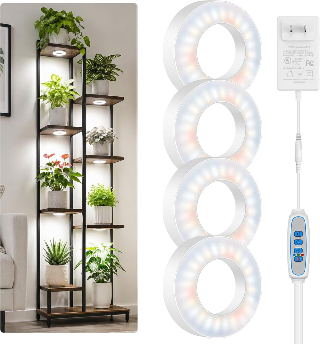 Kullsinss 3.5" Grow Lights for Indoor Plants, 24W Full Spectrum Plant Light | 4-Head Plant Grow Lamp with 6/12/16H Auto Timer, 5 Brightness Levels, DC Adapter, Ideal for Under Cabinets, Plants Shelves