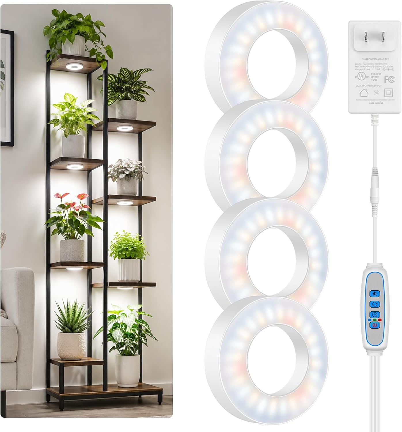 Kullsinss 3.5" Grow Lights for Indoor Plants, 24W Full Spectrum Plant Light | 4-Head Plant Grow Lamp with 6/12/16H Auto Timer, 5 Brightness Levels, DC Adapter, Ideal for Under Cabinets, Plants Shelves
