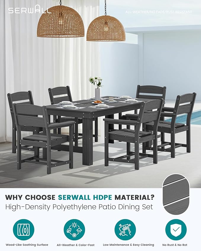 SERWALL Outdoor Dining Table Set, 67‘’ HDPE Patio Dining Set for 4, All-Weather Outdoor Table and Chairs Set for Deck, Grey