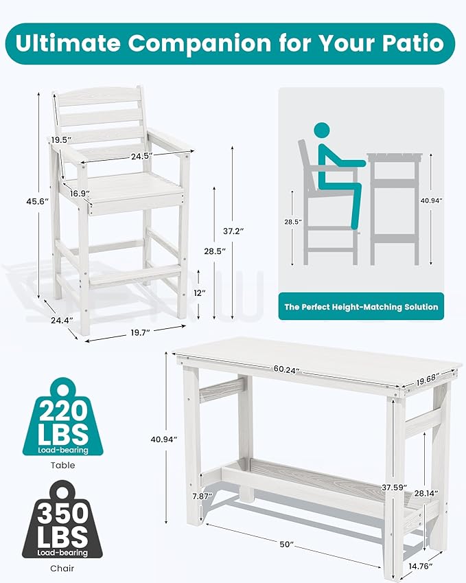 SERWALL Outdoor Bar Set with 9ft Umbrella, All-Weather HDPE Patio Bar Chairs and Table, Outdoor Furniture Set for Poolside, Backyard, Garden - White
