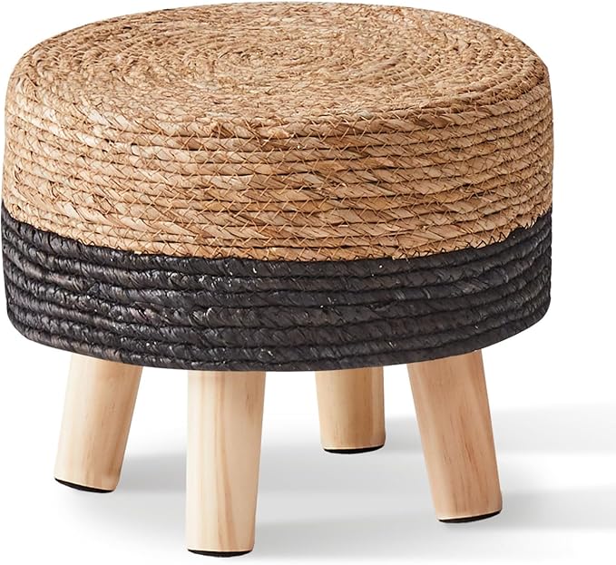 Cpintltr Ottoman Natural Seagrass Footrest Poufs Hand Weave Round Foot Stool for Couch Desk Soft Step Stool Padded Foot Rest with Pine Legs for Living Room Bedroom Natural/Black