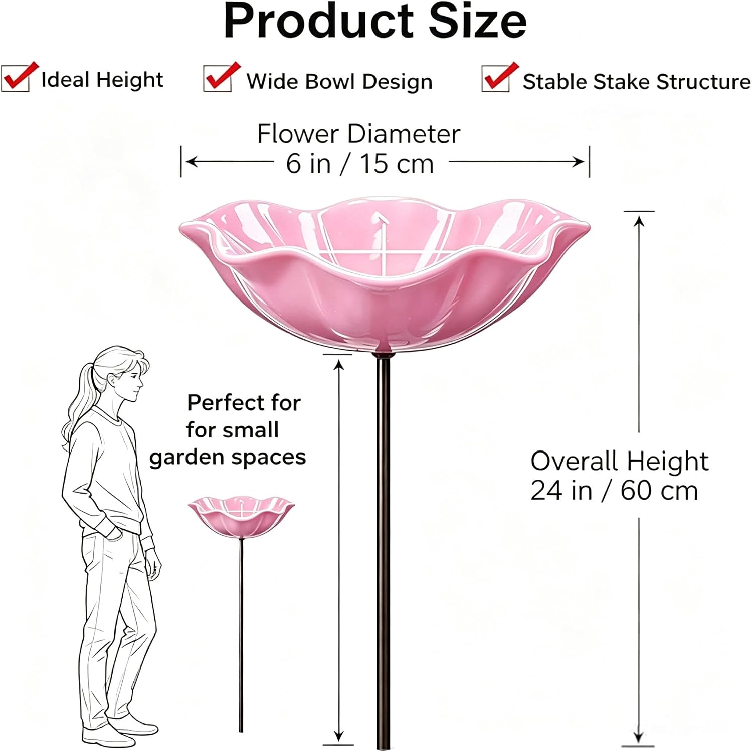 Handmade Metal Flower Garden Stake Bird Bath Bowl Butterfly Feeders,Hummingbird Bath Bee Watering Station for Garden Yard Decorative Garden Stakes (Pink-1pc)