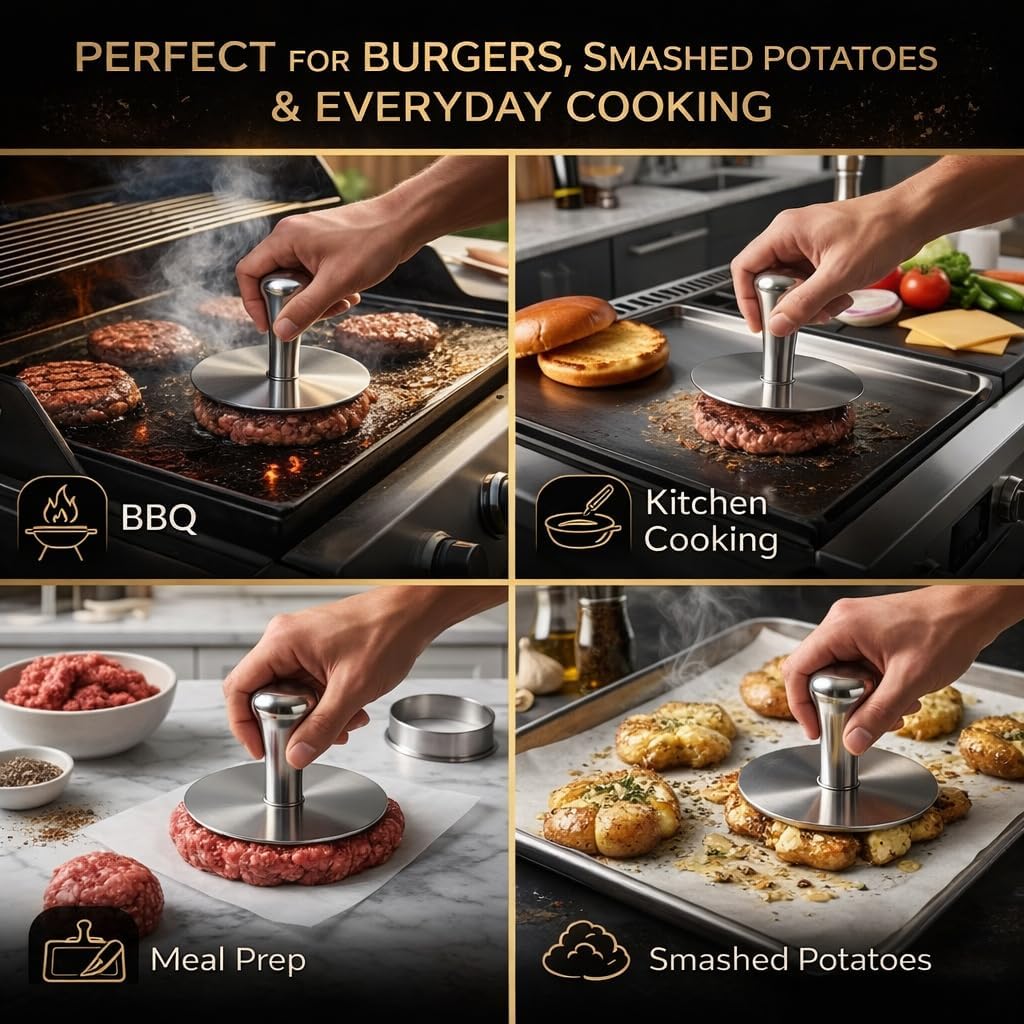 Premium Stainless Steel Smash Burger Press, Heavy Duty Burger Smasher with Ergonomic Handle, Large Press Surface, Easy to Clean, Perfect for Grill, Griddle & Everyday Cooking