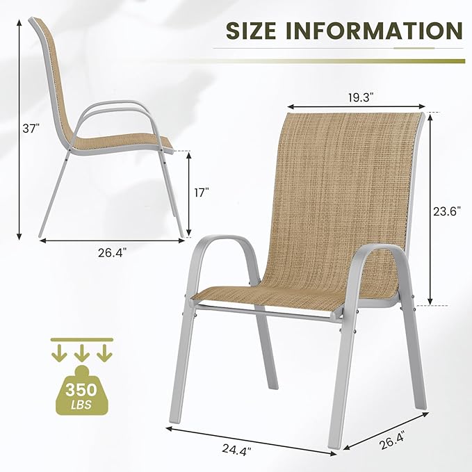UDPATIO Patio Chairs Set of 4, Stackable Silver Outdoor Dining Chairs with High Back, Breathable Outdoor Chair Textilene Fabric All Weather, 350LBS Capacity for Garden, Backyard (Beige)