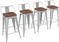 Yongchuang 24 inch Barstools Set of 4 Counter Height Bar Stools Farmhouse Kitchen Metal Bar Chairs with Wood Seat Low Back Silver