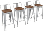 Yongchuang 24 inch Barstools Set of 4 Counter Height Bar Stools Farmhouse Kitchen Metal Bar Chairs with Wood Seat Low Back Silver
