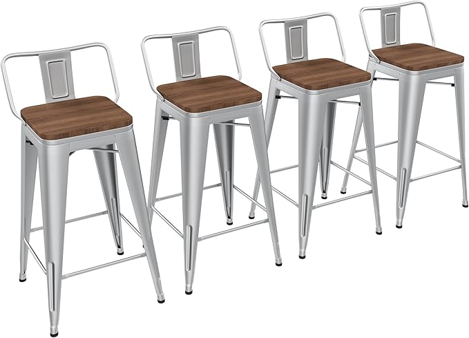 Yongchuang 24 inch Barstools Set of 4 Counter Height Bar Stools Farmhouse Kitchen Metal Bar Chairs with Wood Seat Low Back Silver