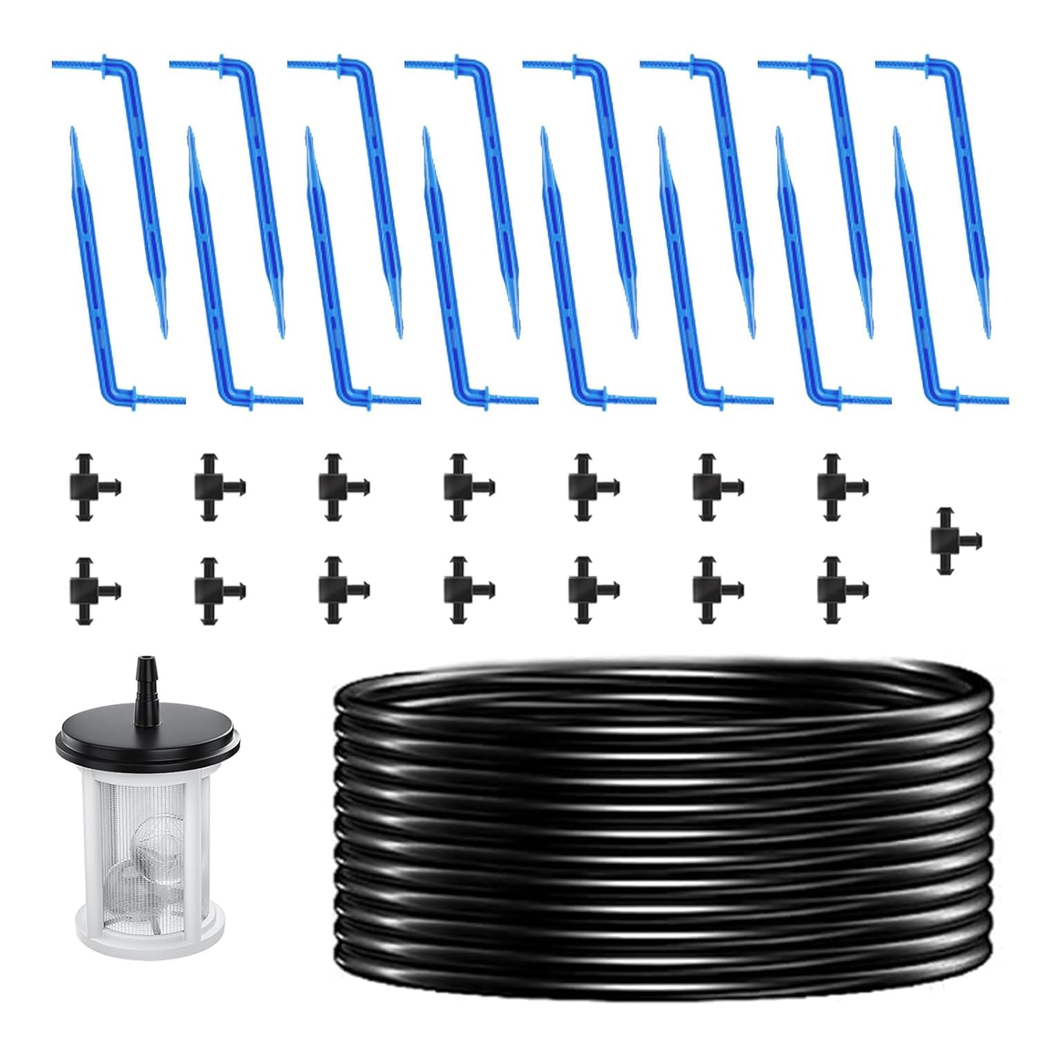 Solar Drip Irrigation Kit Accessories, 49FT Tubing, 15 Drippers | ncludes 49FT tubing, 15 drippers, 15 tee fittings, filter and pump fitting for solar drip irrigation system expansion