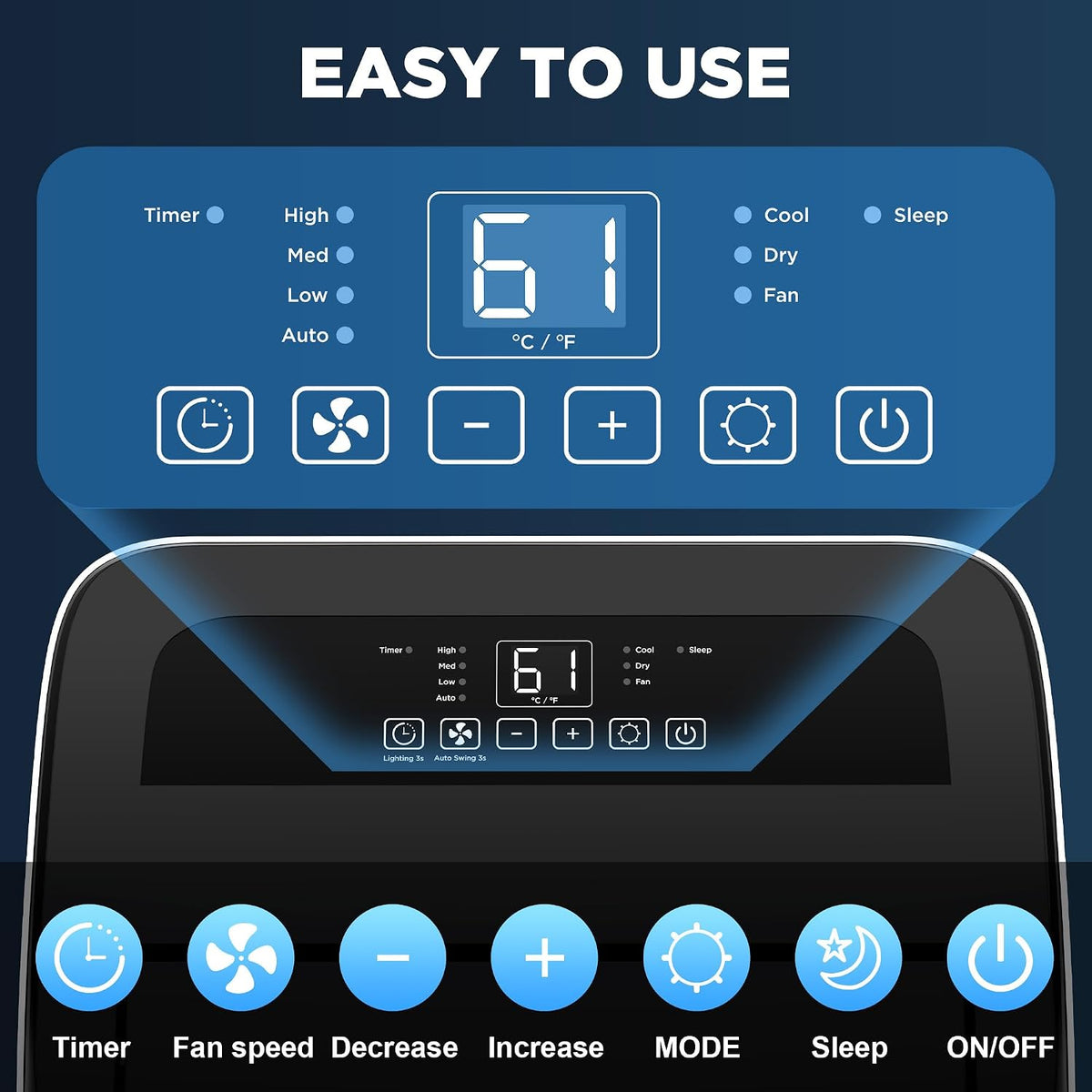 14000 btu portable air conditioners with remote control, front angle view