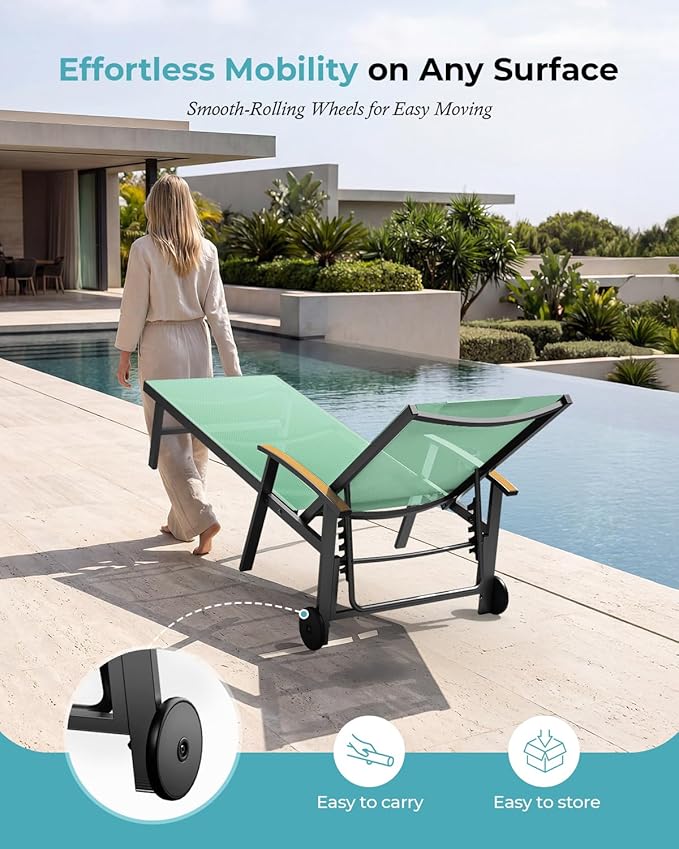 Ciokea Outdoor Lounge Chair with Pillow, 5-Position Aluminum Chaise Lounge with Wheels & Armrests, 400 lbs Heavy Duty Patio Pool Chair for Deck, Backyard, Beach & Poolside, Light Green