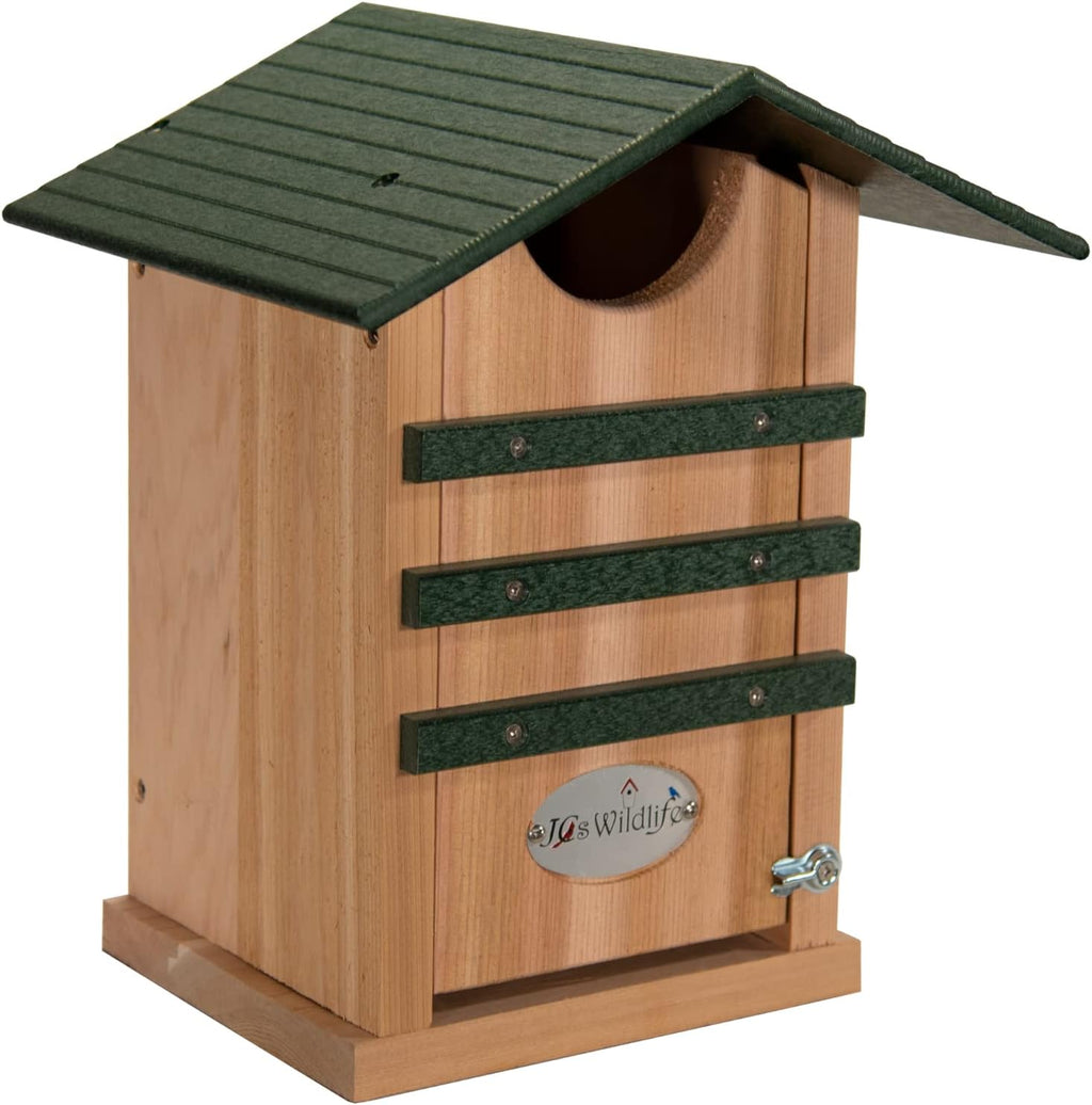 Screech Owl House Cedar Nesting Box with Poly Lumber Roof, Saw-Whet Owl Box for Outside, Drainage Ventilation, Easy Cleanout, Made in USA, Green