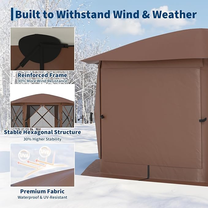 13x13FT 6-Sided Pop Up Gazebo Tent，One-Push Setup Canopy Tent with Removable Canopy Top & Wind Cloths, Outdoor shelter for Camping, Backyard Parties, Outdoor Events - Beige & Khaki