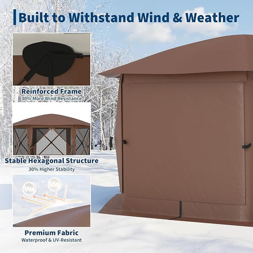 13x13FT 6-Sided Pop Up Gazebo Tent，One-Push Setup Canopy Tent with Removable Canopy Top & Wind Cloths, Outdoor shelter for Camping, Backyard Parties, Outdoor Events - Beige & Khaki