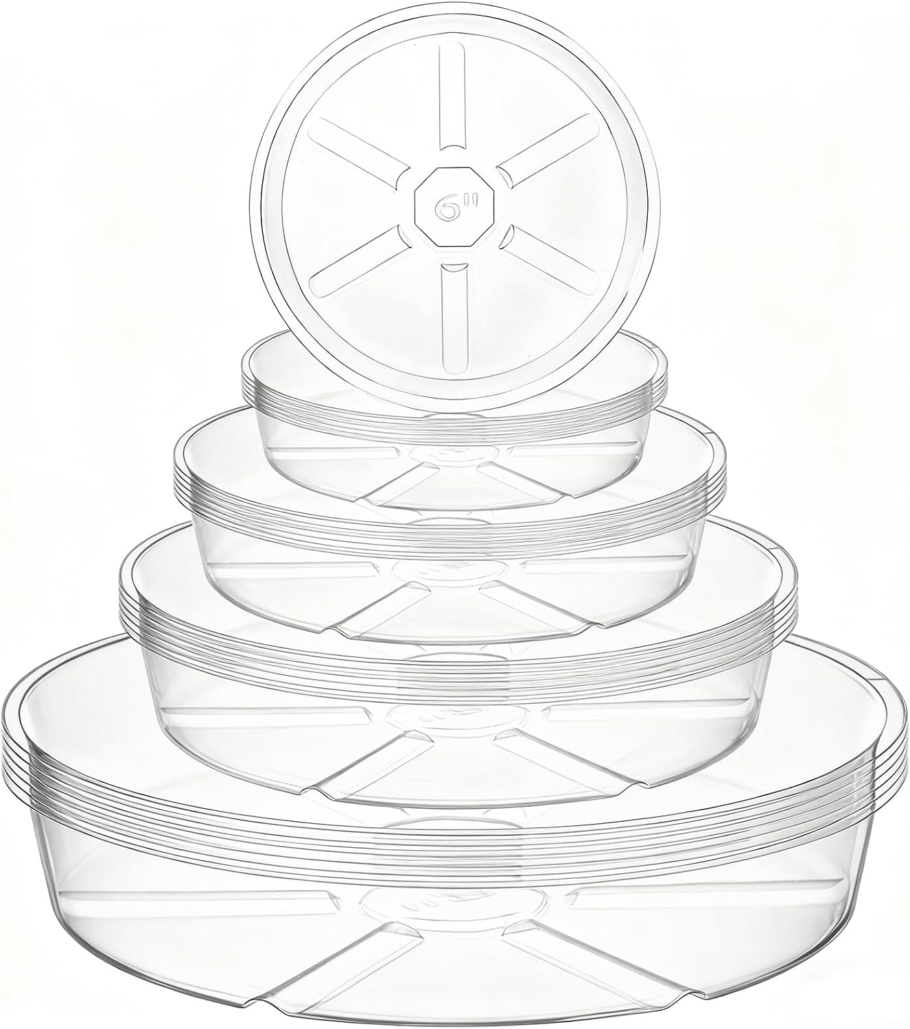 Hacaroa 24 Pack Clear Plant Saucer Drip Trays, 6/8/10/12 Inch Plastic Plant Water Catcher Trays Flower Pot Saucers for Indoor Outdoor Plants, Round, 4 Sizes