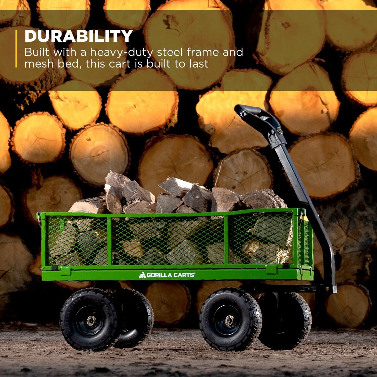 gorilla carts steel utility garden cart, 800 lb. shown in use
