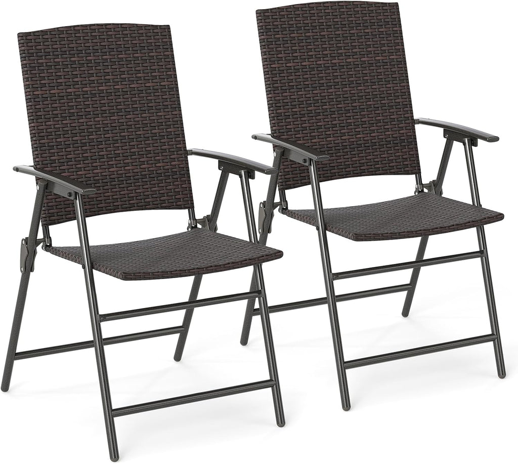 Tangkula Outdoor Folding Chairs Set of 2, Patio PE Wicker Dining Chairs with Armrests and Metal Frame, Portable Lawn Chairs for Garden, Porch, Balcony and Camping, Fully Assembled (1, Mix Brown)