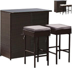 Tangkula Patio Bar Set, 3 Piece Outdoor Rattan Wicker Bar Set with 2 Cushions Stools & Glass Top Table, Gray & Off White Cover, Outdoor Furniture Set for Patio Backyard Porch Garden Poolside