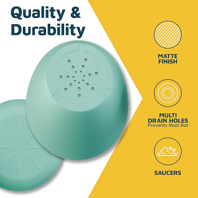 Lifemaster Planter Pots with Drainage Holes - Lightweight, Durable, and Space-Saving Pots for Indoor and Outdoor - Versatile Functionality, Simple Modern Design, Set of 5 Plastic Planter Pots - Aqua