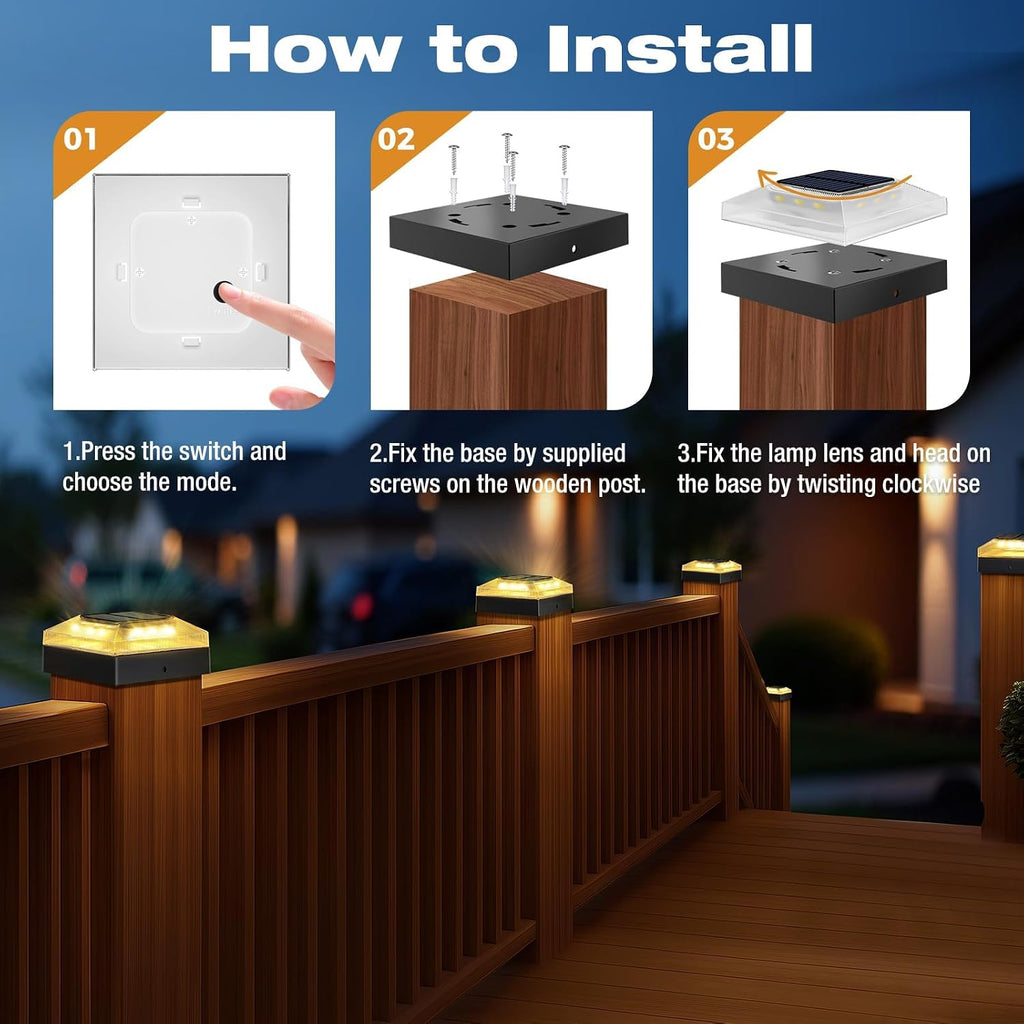 4x4 Solar Post Cap Lights Outdoor 2 Pack, 3 Color Modes/Dusk to Dawn/IP65 Waterproof, Fits 4x4 Vinyl/PVC Wood Posts Top, Black LED Fence Topper Light for Deck, Porch, Backyard