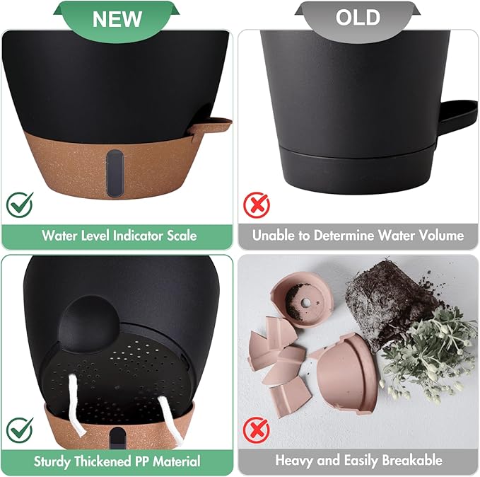 2 Pack 10 inch Plant Pots, PP Plastic Self Watering Plant Pot with Drainage and Tray for Indoor Outdoor Plants , Water Level Window & Reservoir Flower Pots Decorative Planter (Black, 10 Inch)