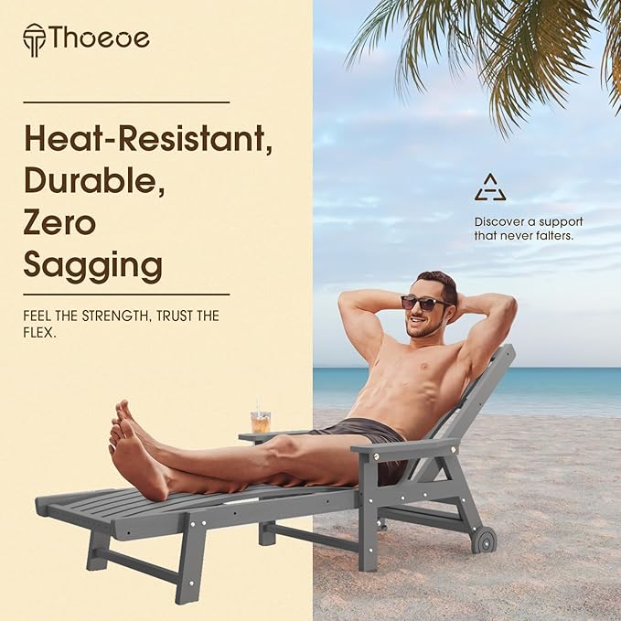 Patio Chaise Lounge Chair Set of 4, Oversized Lounge Chair Outdoor with 5 Positions, HDPE, Patio Lounge Chair with Wheels & Cup Holder for Pool, Deck, Poolside,Grey