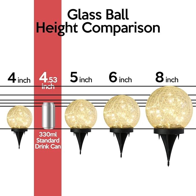 Outdoor Waterproof IP65 Solar Globe Lights, Led Solar Light Balls for Lawn Garden Patio Table Art Decoration, Yard Landscape Illuminated Cracked Glass Sphere Gazing Ball Lights, Round Ornaments Orbs