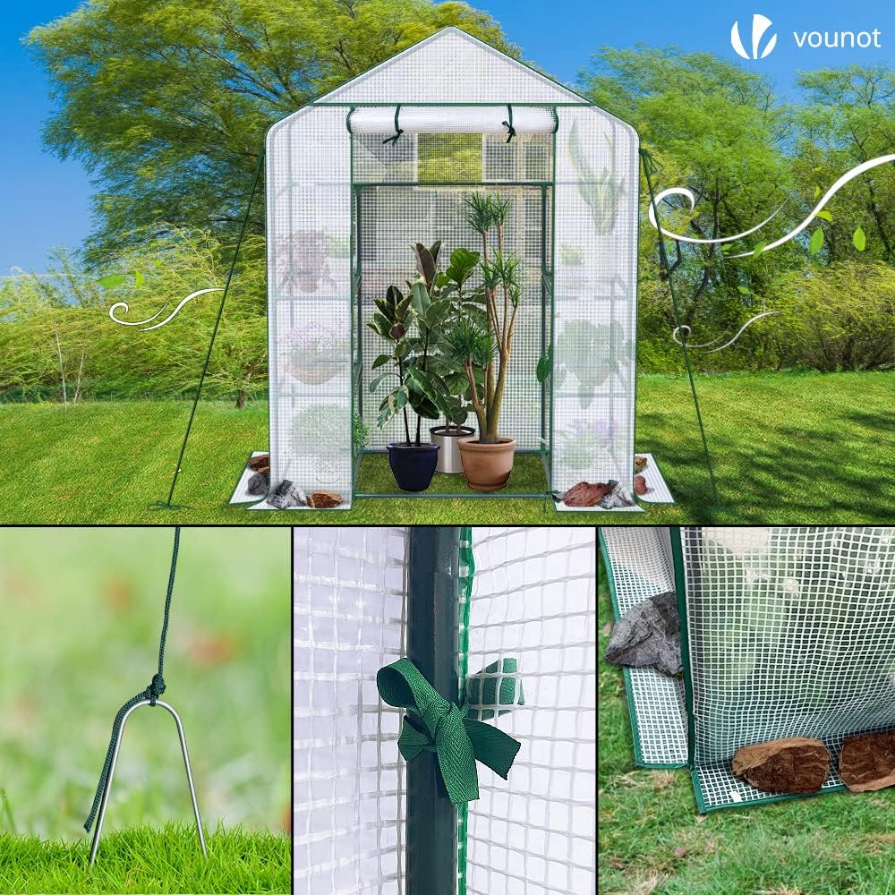vounot walk in greenhouse with shelves, roll up, front angle view
