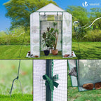vounot walk in greenhouse with shelves, roll up, front angle view