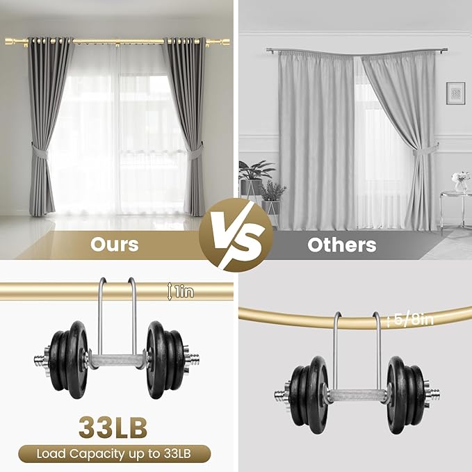 1” Diameter Gold Curtain Rods Itself is 30 to 90 inch, 1 Pack Fit 30-84 inch Windows with Heavy Duty Adjustable Rod 1 Inch Diameter Splicing Metal Extra Long Curtain Rod