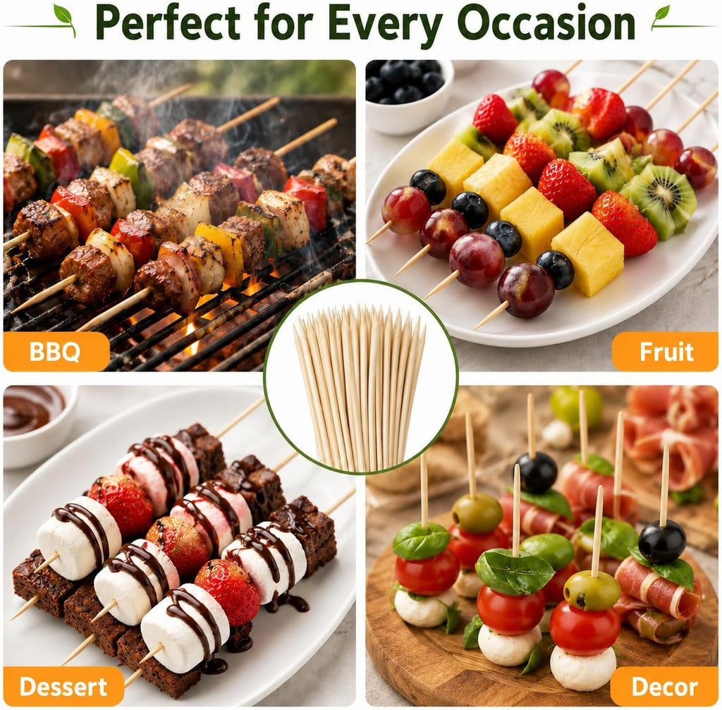 100 PCS Natural Bamboo Skewers, 4/6/8/10/12 Inch 4mm Thick Heavy Duty BBQ Sticks for Grilling, Kabob, Cocktail, Fruit, Chocolate Fountain, Crafting, Party (12 inch)