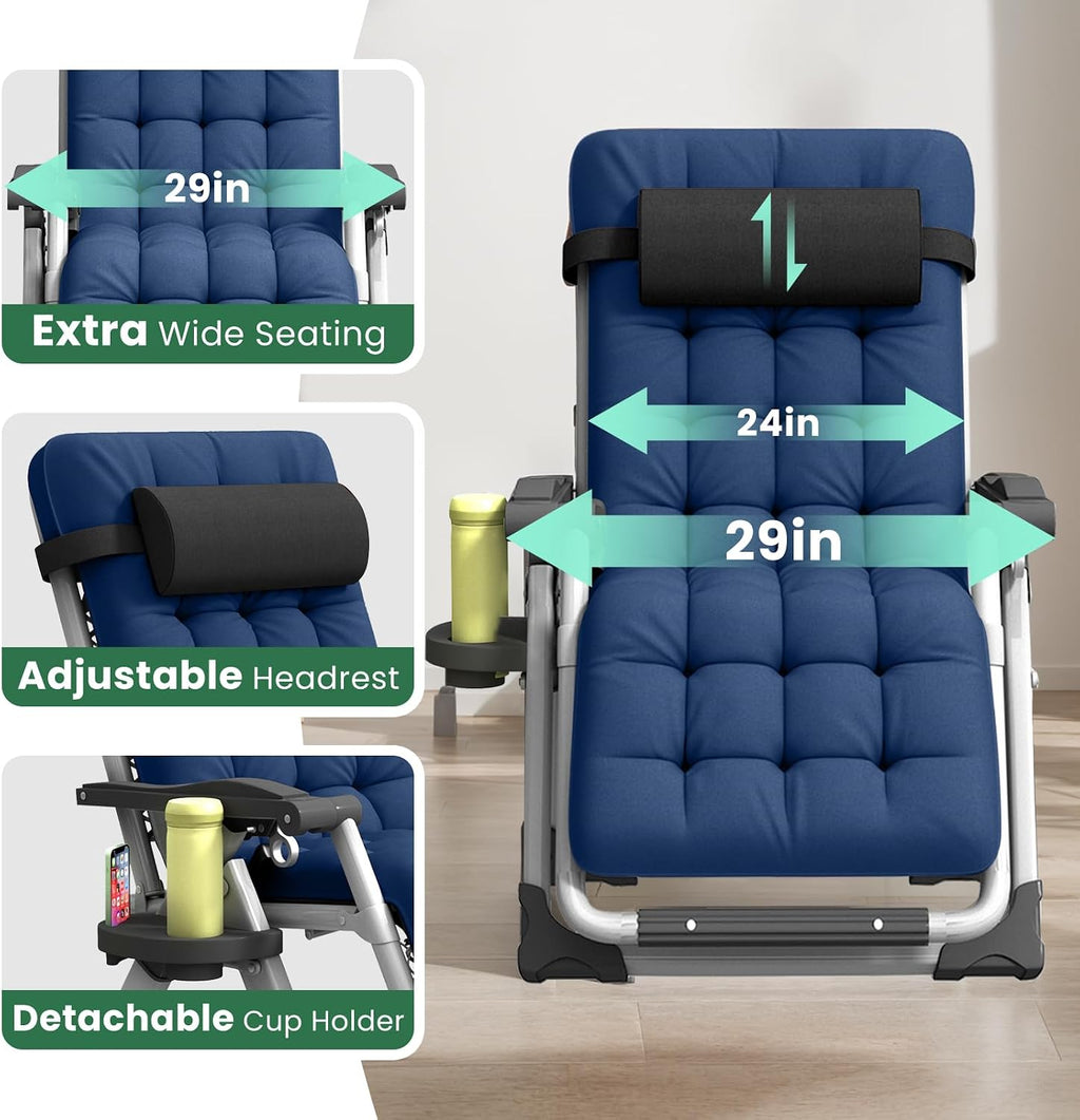 Oversized Zero Gravity Chair with Storage Bag,29" XL Lounge Chair with Thickened Cushion & Headrest, Patio Lawn Chair with Footrest & Cup Holder for Indoor & Outdoor, Supports 450LBS, Blue
