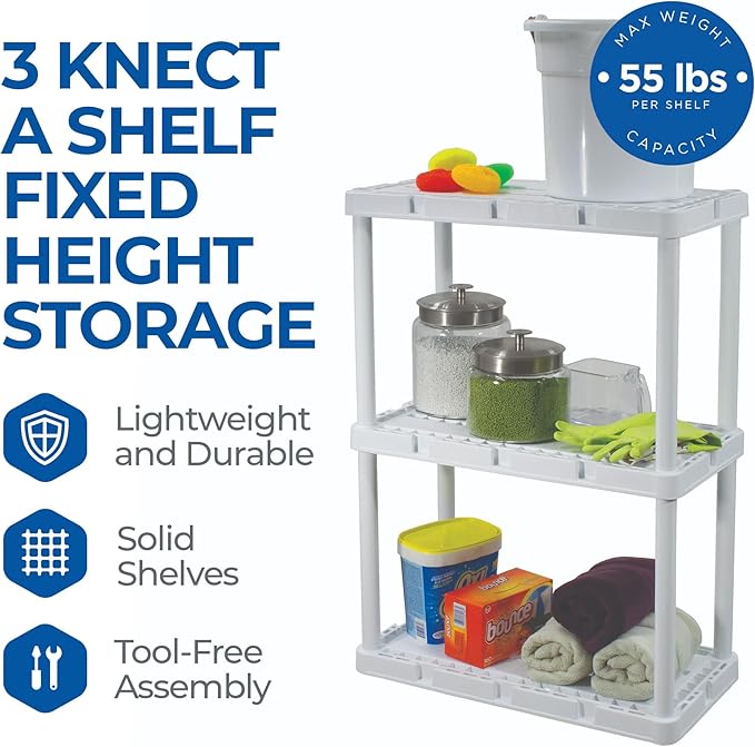 Gracious Living 3 Shelf Knect-A-Shelf Solid Light Duty Storage Unit 12 x 24 x 33" Organizer for Home, Garage, Basement & Laundry, White