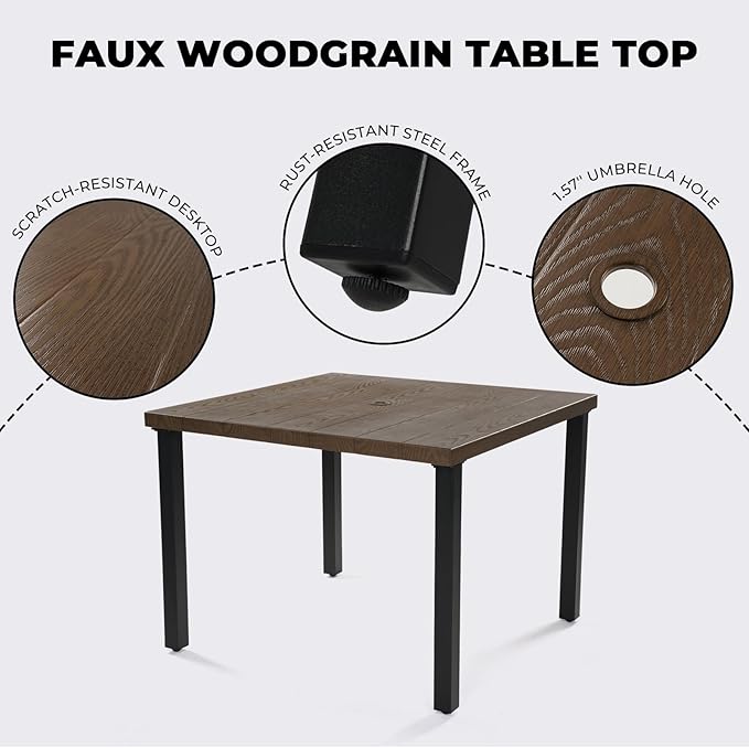 Grand patio 5-Piece Outdoor Dining Set, 4 Leather-Look Wicker Swivel Patio Chairs & 1 Square Woodgrain Dining Table, Brown