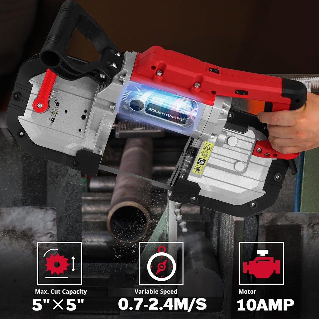 powersmart portable band saw, 10a variable speed, 5" shown in use