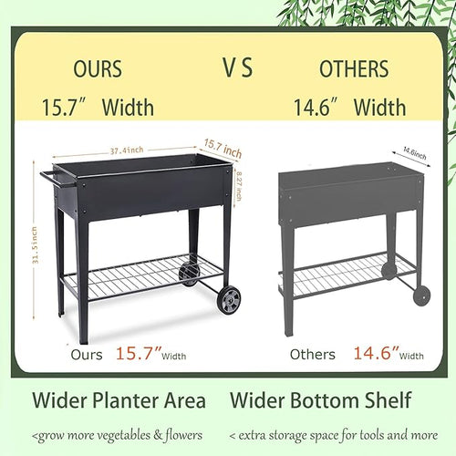 31.5" Tall Raised Garden Bed with Wheels, Extra 15.7" W Planter Box (400 lbs Loads) with Storage Shelf & Handle,Heavy Duty Metal Garden Planter for Vegetables, Herbs & Flowers, Patio & Balcony