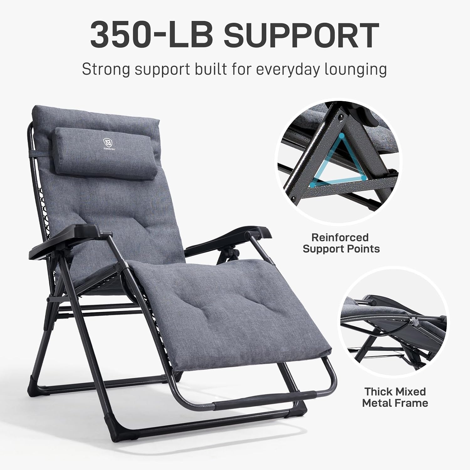 EVER ADVANCED Aluminum Zero Gravity Chair, 2.4" Padded, 350 lb Capacity | Oversized Reclining Lounge Chair with Adjustable Headrest and Side Table, Foldable for Camping, Patio, Lawn and Indoor Use