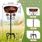 3" Deep Metal Bird Bath for Outside, Removable 12" Dia Vintage Bird Baths Bowl for Outdoors with Stable 5-Prong Stake, 37" H Freestanding Birdbath for Garden Patio Yard Lawn (Brush Bronze)