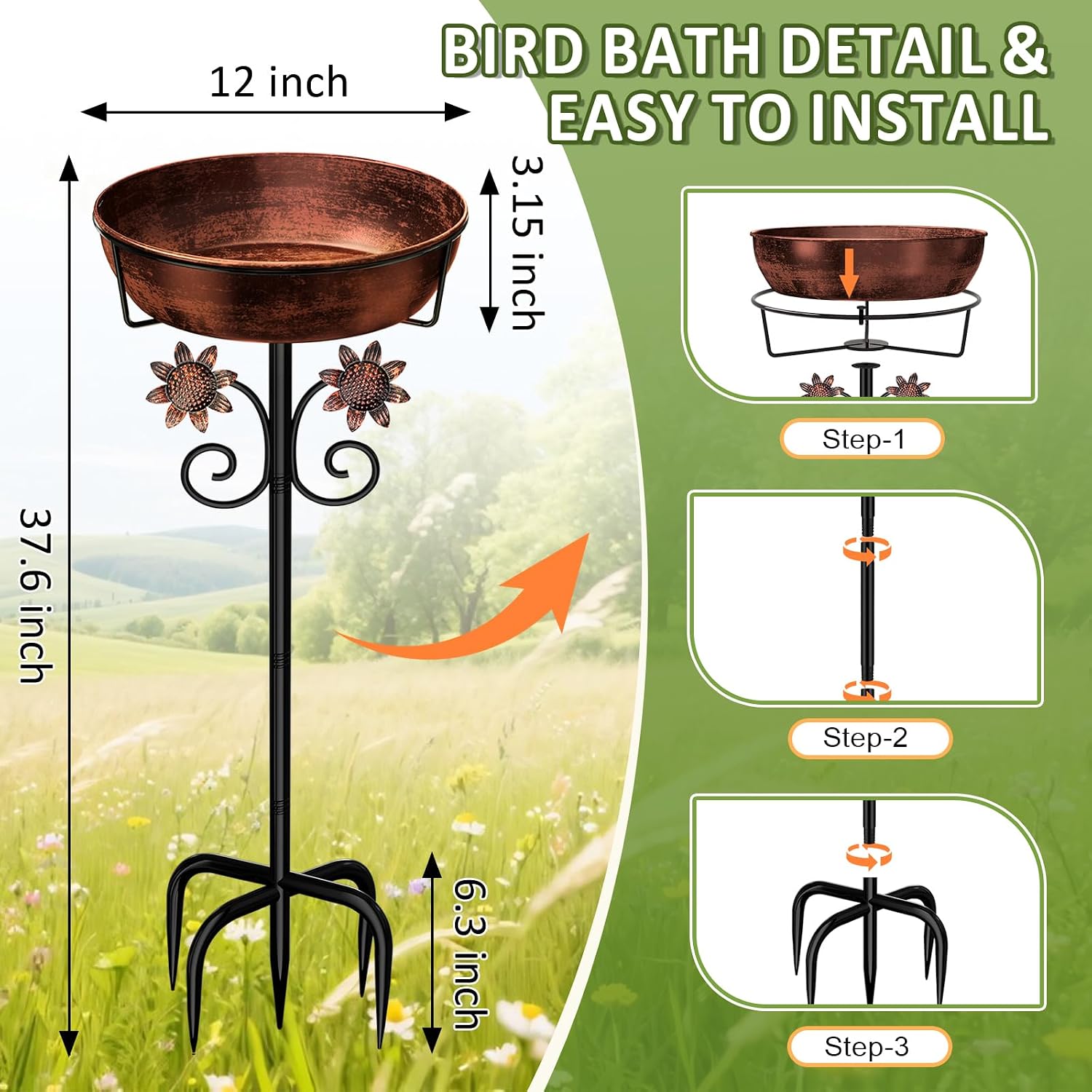 3" Deep Metal Bird Bath for Outside, Removable 12" Dia Vintage Bird Baths Bowl for Outdoors with Stable 5-Prong Stake, 37" H Freestanding Birdbath for Garden Patio Yard Lawn (Brush Bronze)
