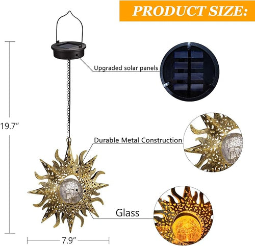 2 Pack Garden Decor Hanging Lanterns Outdoor Waterproof,Solar Lights Metal Sun Gifts Decoration for Yard Clearance Front Porch Lawn Driveway Patio Backyard Pathway Gardening Gift
