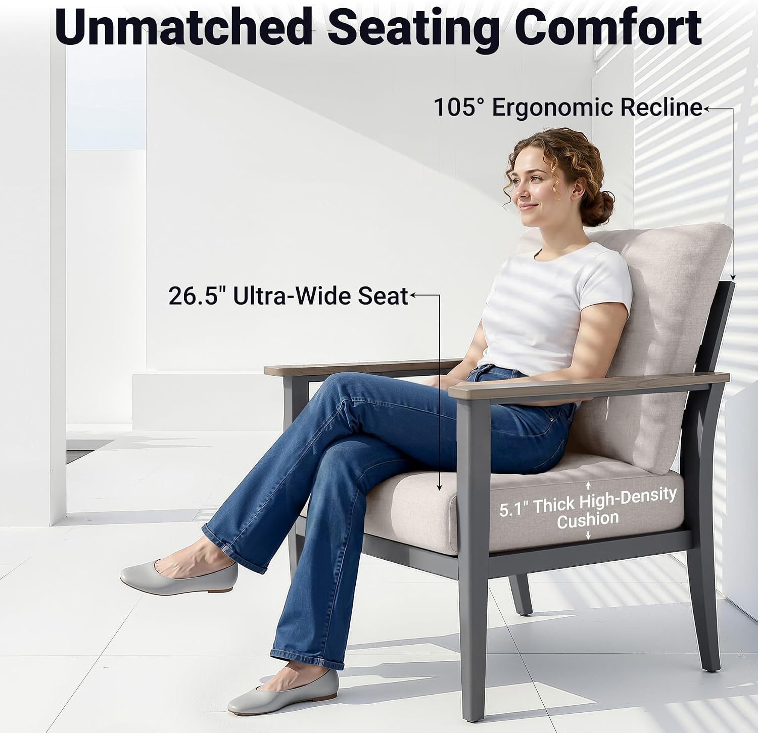 Aluminum Outdoor Patio Chair Set with 5.1-Inch Thick Cushions | 2-Piece: 2 Wood-Look Armrest Club Chairs for Porch, Deck & Balcony, Gray
