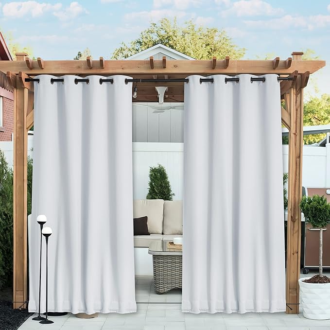 NICETOWN 2 Panels Outdoor Curtains with Grommet & Back Tab on top and Bottom for Patio Waterproof, Windproof Privacy Sound & Light Reducing for Cabana with Fixed Rope, W52 x L72, Greyish White