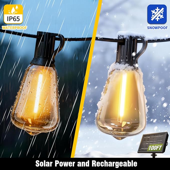 100FT Solar String Lights Outdoor Waterproof with Remote & Timer, LED Shatterproof ST38 Bulbs, USB & Solar Powered Patio Lights for Backyard, Porch, Garden, Wedding, Christmas Decor