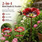 Flower Bird Bath and Feeder, 24.8-Inch Outdoor Metal Stake (Rose red) | Flower-shaped bowl holds water or seed; 3-section metal stake installs tool-free with a stable H-style ground base.
