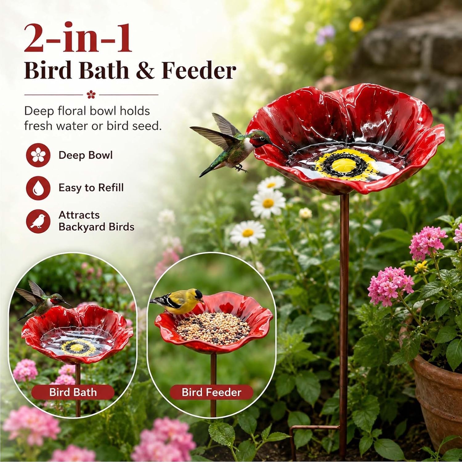 Flower Bird Bath and Feeder, 24.8-Inch Outdoor Metal Stake (Rose red) | Flower-shaped bowl holds water or seed; 3-section metal stake installs tool-free with a stable H-style ground base.