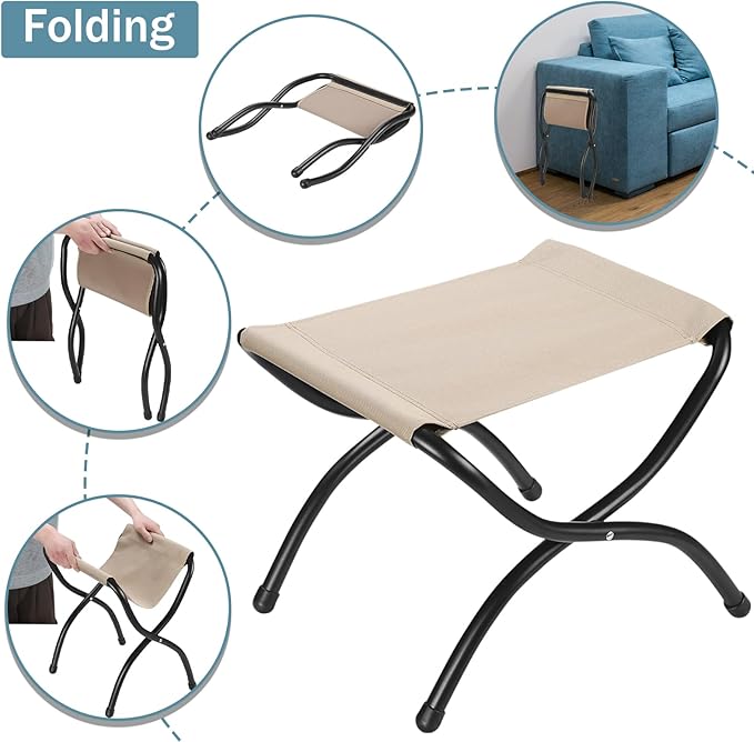 15" Foldable Foot Stool Ottoman with Metal Frame - Washable Khaki Upholstered Indoor/Outdoor Footrest for Living Room, Bedroom, Patio - Space-Saving Compact Design