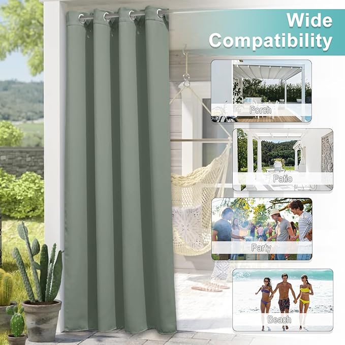 NICETOWN 2 Panels Sage Green Blackout Outdoor Curtains for Patio Waterproof, Thermal Insulated Rustproof Grommet Durable Indoor Outdoor Blinds Light Blocking for Yard Party/Picnic, W52 x L95